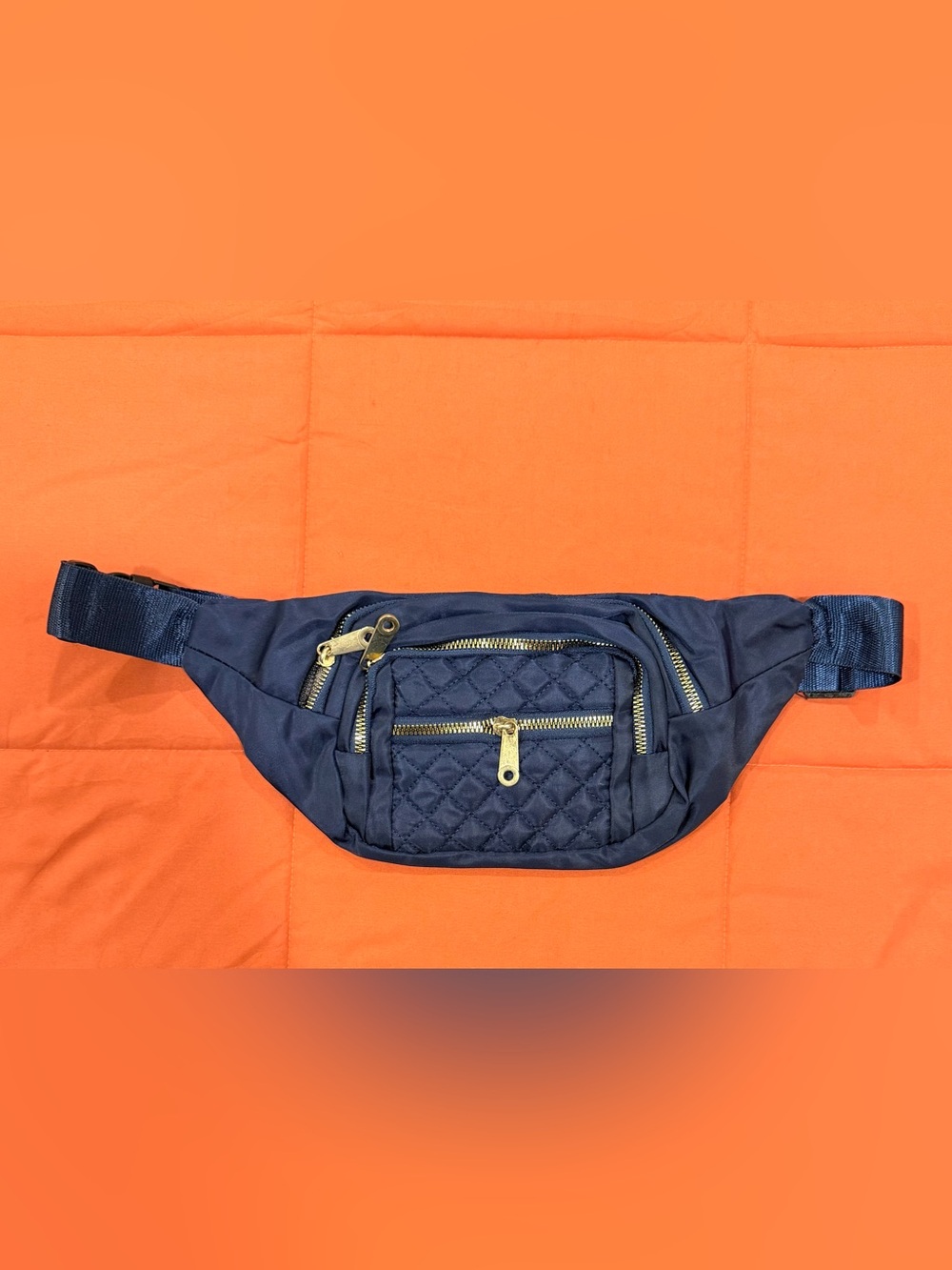 Quilted Navy Crossbody Belt Bag with Gold Zippers